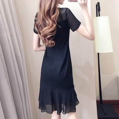 赫本小黑裙轻熟风经典款小个子显瘦气质雪纺拼接鱼尾裙连衣裙女夏