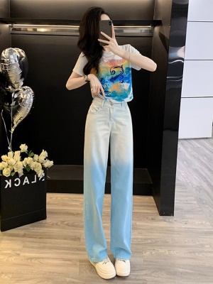 多巴胺蓝色休闲套装女夏季穿搭一整套炸街减龄短袖牛仔阔腿裤两件