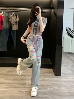 时尚休闲套装夏季穿搭一整套2025新款短款t恤破洞牛仔裤两件套女