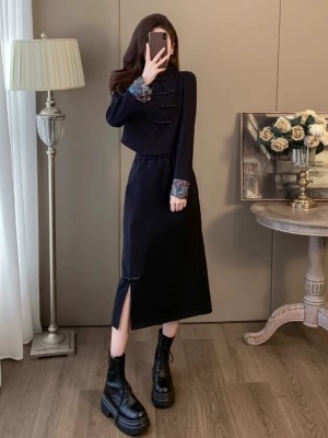 新中式国风女装黑色改良旗袍龙年高级感气质半身裙两件套装春秋季