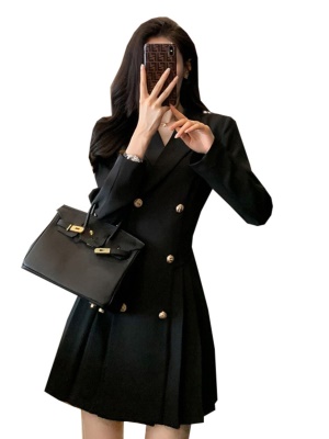 黑色西装连衣裙子双排扣职业西服长袖女春高级感气质赫本风小黑裙