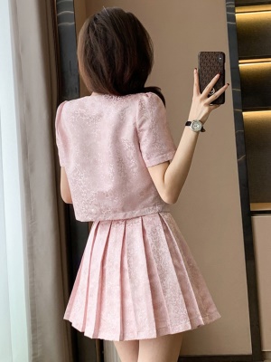 粉色新中式两件套裙子女夏季法式绝美减龄国风上衣百褶裙套装穿搭