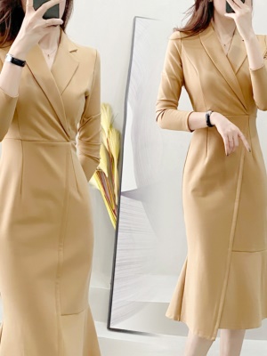 2025春季新款职业鱼尾裙子气质名媛女神范长袖西装连衣裙轻奢高端