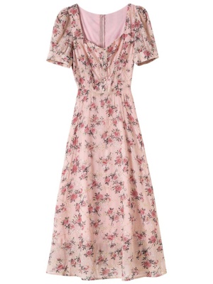 碎花雪纺法式高级感粉色连衣裙女夏2025年夏季新款减龄裙子轻熟风