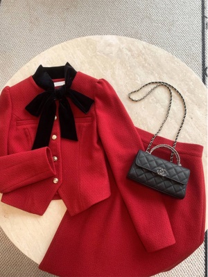 过新年衣服女装秋冬敬酒服新娘结婚回门订婚礼服红色小香风套装裙