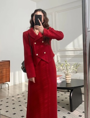 秋冬小香风红色套装裙女2025年冬季新款毛呢气质名媛两件套高级感
