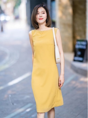 御姐风职业黄色无袖背心连衣裙女夏气质名媛高端女神范高级感裙子
