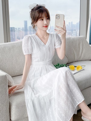 法式白色蕾丝连衣裙女夏季2025新款高级气质长裙显瘦纯棉仙女裙子