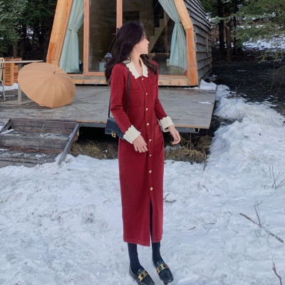 圣诞红色气质修身内搭打底毛衣针织连衣裙秋冬新款新年配大衣长裙