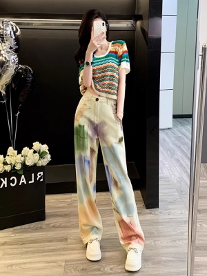 多巴胺休闲时尚套装女夏季穿搭洋气减龄彩虹短袖牛仔阔腿裤两件套