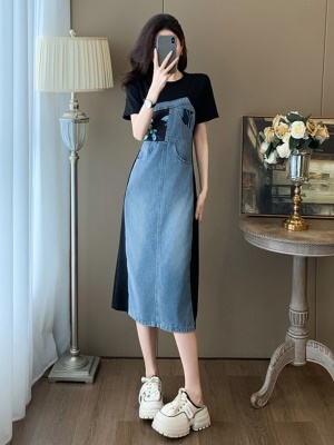 欧货拼接牛仔连衣裙女夏新款气质收腰遮肚显瘦高级感休闲短袖裙子