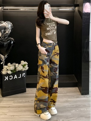 美式休闲时尚套装女夏季新款时髦炸街短袖T恤迷彩阔腿裤两件套潮