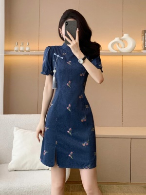 新中式国风立领盘扣改良旗袍连衣裙女小个子收腰显瘦开叉裙短裙夏