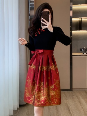 秋冬季新款中式连衣裙高级感中国风女装马面裙旗袍红色礼服裙气质