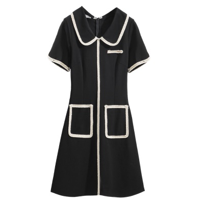 2020新款矮小个子心机小黑裙赫本风娃娃领短袖连衣裙修身显瘦气质