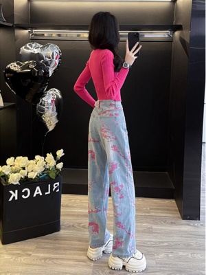 秋季多巴胺玫红色时尚套装早秋穿搭长袖上衣阔腿牛仔裤两件套女装