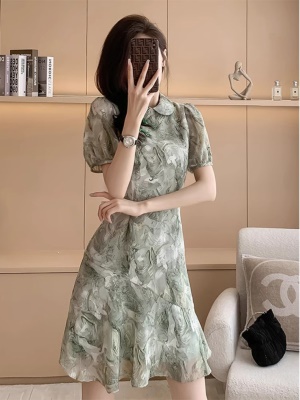 新中式国风收腰显瘦改良旗袍裙2025夏季新款短袖雪纺连衣裙小个子