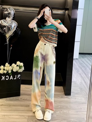 多巴胺休闲时尚套装女夏季穿搭洋气减龄彩虹短袖牛仔阔腿裤两件套