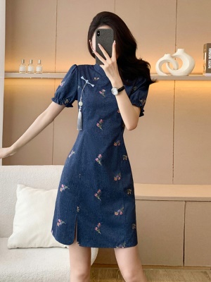 新中式国风立领盘扣改良旗袍连衣裙女小个子收腰显瘦开叉裙短裙夏