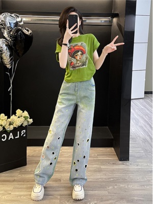 休闲运动套装女夏季炸街减龄时尚绿色短袖洞洞牛仔阔腿裤两件套潮