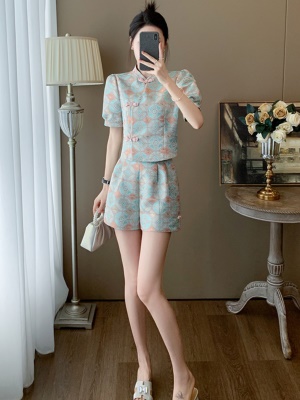 新中式国风刺绣套装女小个子高级感短袖上衣阔腿短裤两件套春秋夏