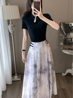 新中式国风时尚套装裙子女夏新款修身显瘦黑色水墨画半身裙两件套
