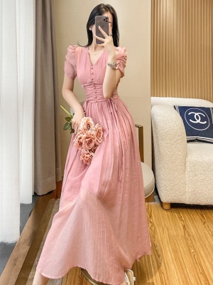 高级感法式连衣裙女仙夏2025夏季新款名媛气质收腰显瘦雪纺长裙子