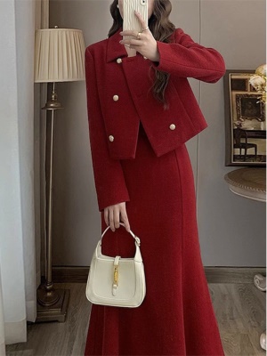 2025冬季新款过年红色毛呢小香风套装裙高级感时尚气质名媛两件套
