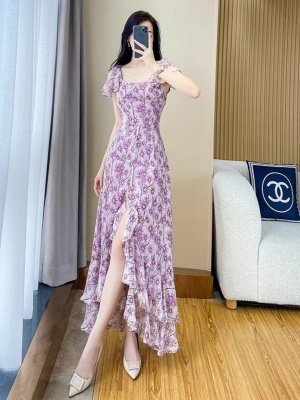法式茶歇碎花连衣裙女2025夏季新款名媛气质高级感雪纺开叉长裙子