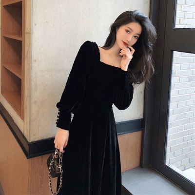 秋冬新款洋气金丝绒中长款黑色连衣裙女裙打底宴会气质礼服长裙子