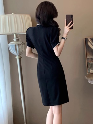 夏季新中式国风改良旗袍短袖连衣裙女气质送考收腰黑色裙子小个子