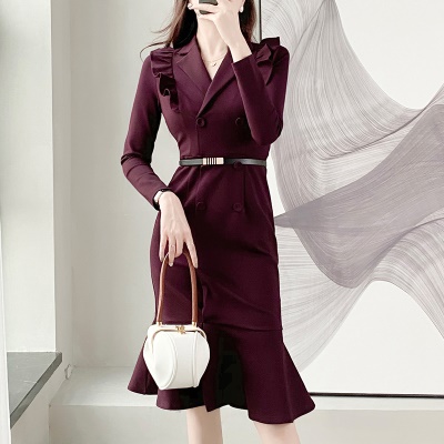 轻奢高端大牌西装连衣裙女长袖秋季新款职业气质女神范鱼尾晚礼服