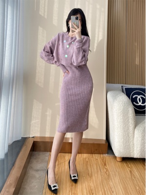秋冬季新款漂亮小香风套装裙毛衣裙子气质两件套装针织包臀连衣裙