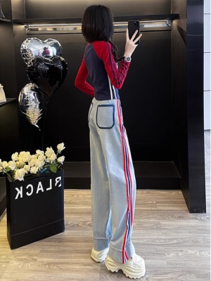 美式复古休闲时尚套装女秋季穿搭长袖T恤炸街牛仔阔腿裤两件套ins