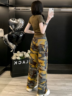 美式休闲时尚套装女夏季新款时髦炸街短袖T恤迷彩阔腿裤两件套潮