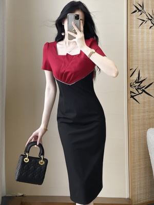 2025新款女夏季职业显瘦连衣裙拼接修身收腰气质通勤礼服高端裙子