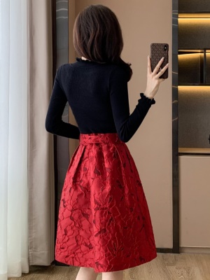 秋冬季红色礼服提花修身显瘦毛衣国风中式连衣裙小个子喜庆高级感