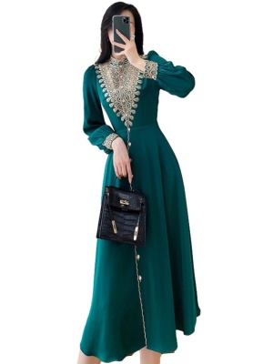 高级感宴会连衣裙2025早秋新款长袖收腰中长款显瘦晚礼服高端气质