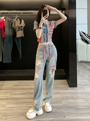 时尚休闲套装夏季穿搭一整套2025新款短款t恤破洞牛仔裤两件套女