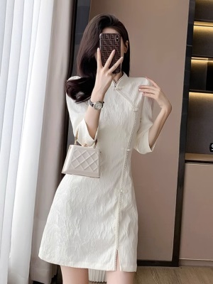 白色新中式国风旗袍连衣裙小个子女早春款高级感优雅气质宴会礼服