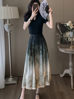 水墨两件套旗袍套装半身裙子女夏季新款中式气质国风高级感连衣裙