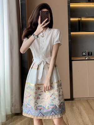 新中式国风白色衬衫连衣裙夏季新款女装高级感气质汉服旗袍马面裙