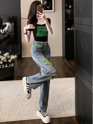 潮牌炸街休闲套装女夏新款夏季修身短袖t恤时髦破洞牛仔裤两件套