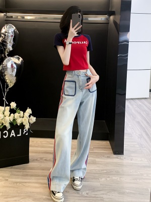 多巴胺休闲运动套装女夏季高端炸街减龄时尚T恤牛仔阔腿裤两件套