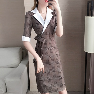 2025年夏季新款女职业西装格子淑女连衣裙修身气质女神范一步裙夏