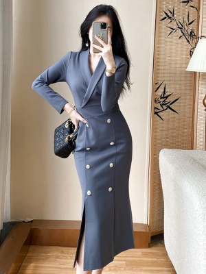 灰色通勤OL连衣裙女春季高端轻奢气质职业女神范收腰显瘦包臀长裙