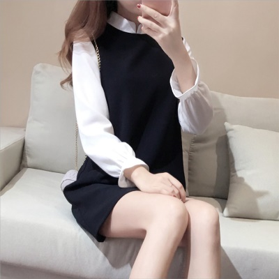 黑白拼接高级感连衣裙春秋款女赫本风通勤小黑裙矮小个子显瘦短裙