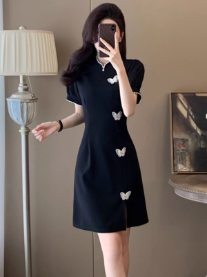 夏季新中式国风改良旗袍短袖连衣裙女气质送考收腰黑色裙子小个子