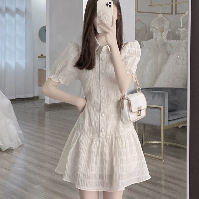 新款设计感小众小个子法式高级感泡泡袖小香风连衣裙子女夏