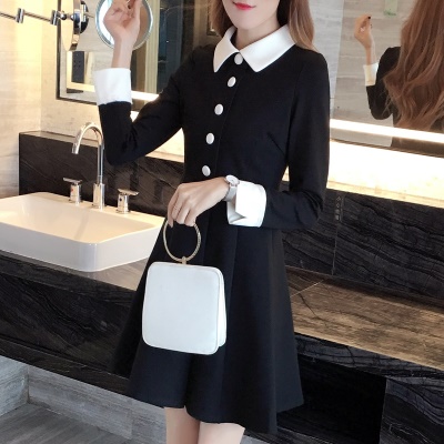 秋季黑色长袖职业OL通勤连衣裙小个子娃娃领心机小黑裙赫本风短裙